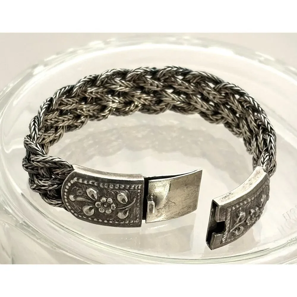 Vintage Sterling Silver Floral Clasp Braided 8” Bracelet 60g - Picture 3 of 7